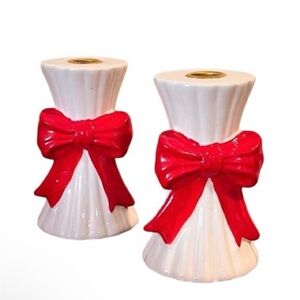 NEW - Set/2 Christmas White Ceramic Taper Candle Holder with Red Bow, 5.5'